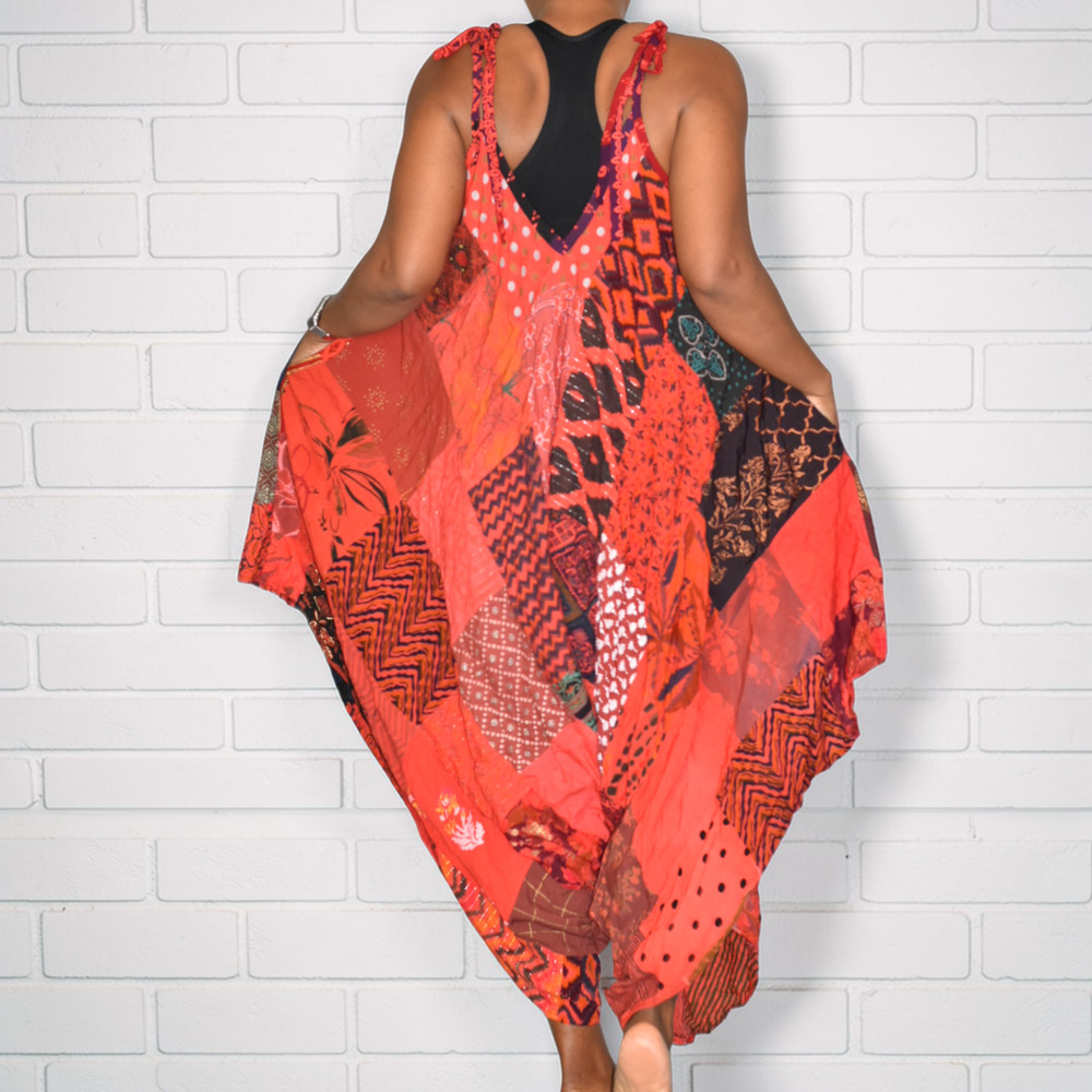 Boho Patchwork Harem Romper Red Tie Strap Jumper … - image 16